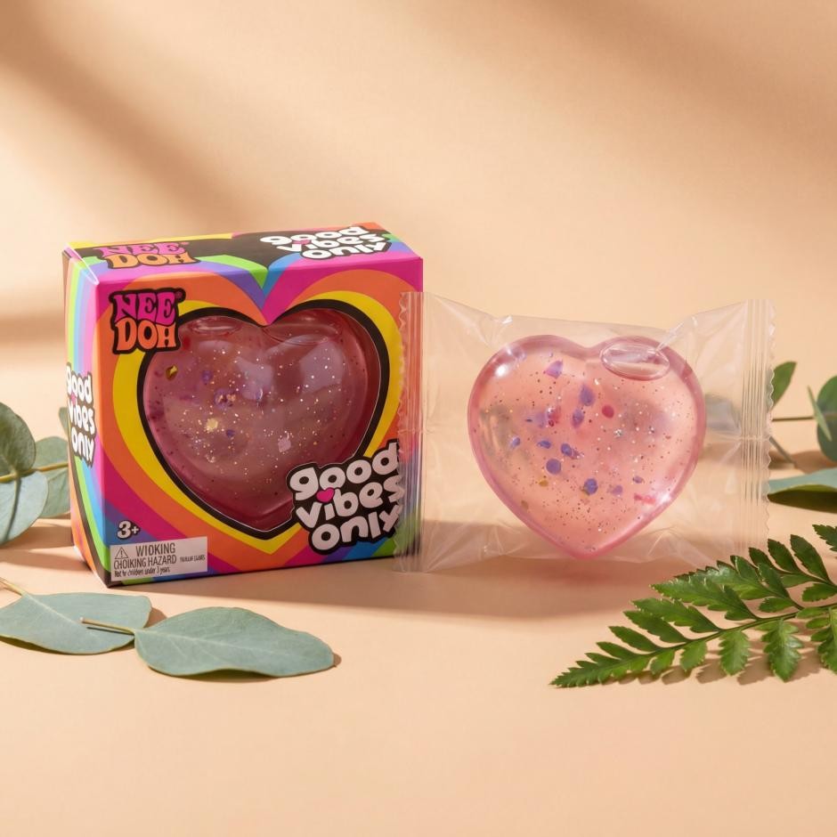 Groovy Heart glitter squishy toy with box